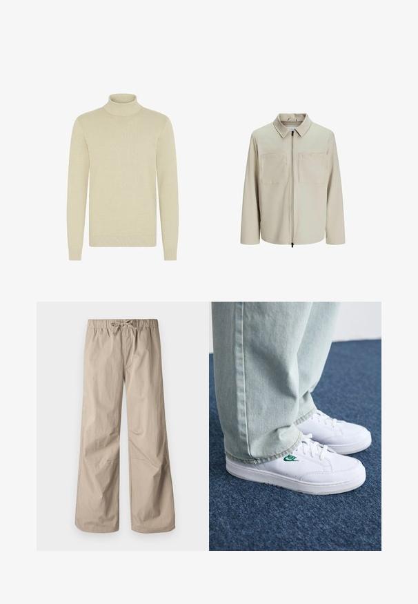 Beige jacket made of soft fabric, featuring a collar, front zip, and two large chest pockets. Long sleeves with a relaxed fit.; Light beige turtleneck sweater with a textured knit pattern, long sleeves, and ribbed cuffs and hem. Soft, cozy fabric.; Beige wide-leg pants with an elastic waistband and drawstring. Smooth texture, two side pockets, and minimal seams for a relaxed fit.; White leather sneakers with green Nike logo, round toe, flat sole, paired with light blue denim pants, shown on a blue carpet.