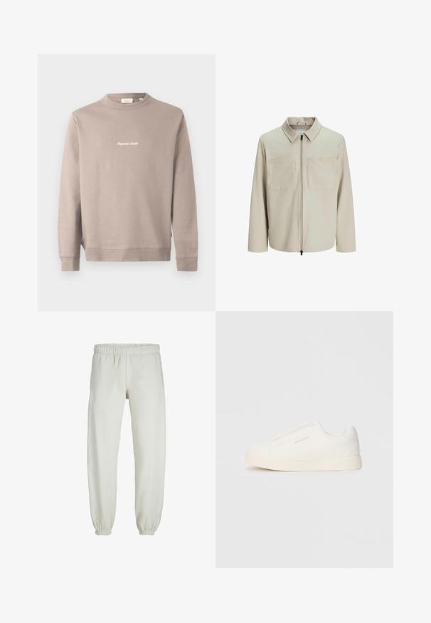 Kreminė striukė, pagaminta iš minkštos medžiagos, su apykakle, priekyje užtrauktuku ir dviem didelėmis krūtinės kišenėmis. Ilgos rankovės su laisvu pritaikymu.; Bežinis sportinis švarkelis su ilgomis rankovėmis ir apvaliu iškirpimu. Krūtinėje siuvinėtas užrašas "Original Studio" baltos spalvos. Lygus paviršius, raukšlėtos rankogaliai.; Baltos sportinės kelnės, pagamintos iš minkštos medžiagos, su elastinga juosmeniu ir rankogaliais, turinčios lygią tekstūrą ir laisvą siluetą.; Baltos slip-on sportbačiai su tekstūruota paviršiumi, storesniu padu ir minimalistišku dizainu. Šone matosi prekės ženklo logotipas.