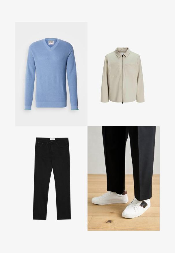 Beige Jacke aus weichem Stoff, mit Kragen, Frontreißverschluss und zwei großen Brusttaschen. Lange Ärmel mit lässiger Passform.; Helles blaues V-Ausschnitt-Pullover mit geripptem Muster, langen Ärmeln und kontrastierenden grünen Akzenten an den Bündchen. Verfügt über ein Etikett am Hals.; Schwarze gerade Jeans mit Fünf-Taschen-Design, Knopf- und Reißverschluss, und einem Pier One-Label am Bund.; Weiße Sneakers mit glatter Textur, versehen mit braunen Lederakzenten und schwarzen Details, kombiniert mit schwarzen maßgeschneiderten Hosen. Hintergrund aus Holzboden.