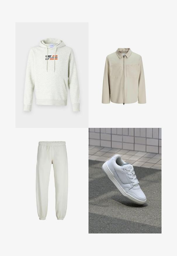 Beige bunda vyrobená z měkkého materiálu, s límečkem, předním zipem a dvěma velkými náprsními kapsami. Dlouhé rukávy s volným střihem.; Světlešedá mikina s kapucí, přední kapsou a stahovací šňůrkou, s potiskem loga "JACK & JONES" s černými, oranžovými a červenými akcenty.; Bílé tepláky vyrobené z měkkého materiálu, s elastickým pasem a manžetami, s hladkou texturou a volným střihem.; Bílé kožené tenisky s perforovanými stranami, texturovanými detaily, plochými tkaničkami a kontrastní šedou patou. Mají mírně zvýšenou podrážku.