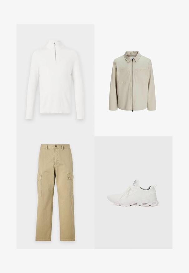 Beige jakke lavet af blødt stof, med krave, frontlynlås og to store brystlommer. Lange ærmer med afslappet pasform.; Hvid, ribbet strikpullover med lange ærmer og høj hals. Har en sølvfarvet lynlåsåbning foran. Blød tekstur og tætsiddende pasform.; Beige cargo bukser lavet af bomuld, med to sidelommer, knaplukning og lige ben i et let tekstureret stof.; Hvide atletiske sko med en tekstureret strikket overdel, flade snørebånd og en polstret sål med synlige luftkamre for ekstra støtte.