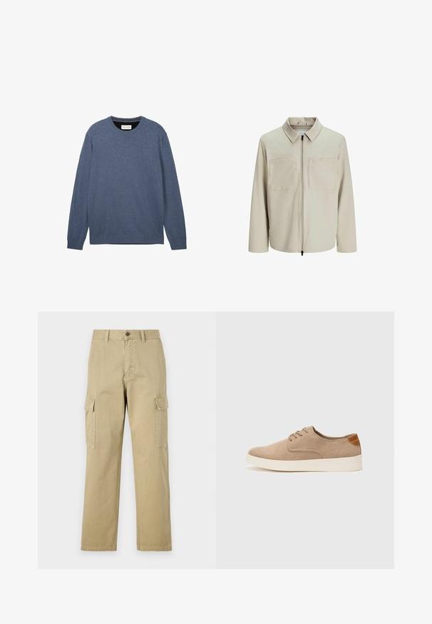Giacca beige realizzata in tessuto morbido, dotata di colletto, zip frontale e due ampie tasche sul petto. Maniche lunghe con una vestibilità rilassata.; Maglione girocollo in blu scuro, realizzato in tessuto morbido con una texture liscia, dotato di maniche lunghe e polsini e orlo a coste.; Pantaloni cargo beige in cotone, dotati di due tasche laterali, chiusura con bottone e gamba dritta con tessuto leggermente texture.; Sneaker in suede beige con punta arrotondata, stringhe davanti e un accento testurizzato sul retro. La suola in gomma bianca offre un contrasto. Design semplice e moderno.