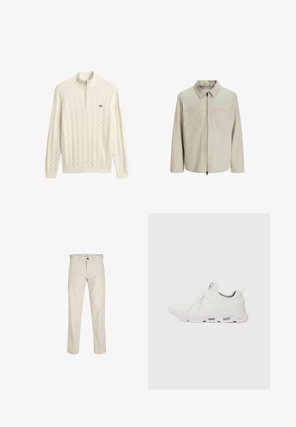Beige jakke lavet af blødt stof, med krave, frontlynlås og to store brystlommer. Lange ærmer med afslappet pasform.; Cremefarvet strikket sweater med høj krave, der har kabelmønstre og halv lynlås lukning. Ribstrikkede manchetter og kant fuldender designet.; Beige bomuldsbukser med lige pasform, knaplukning, forlommer og stikninger. Glat tekstur, minimalt detaljeret og uden mønstre.; Hvide atletiske sko med en tekstureret strikket overdel, flade snørebånd og en polstret sål med synlige luftkamre for ekstra støtte.