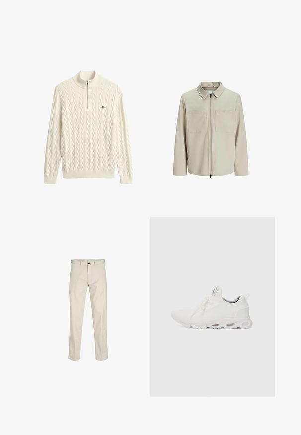 Beige jakke lavet af blødt stof, med krave, frontlynlås og to store brystlommer. Lange ærmer med afslappet pasform.; Kabelstrikket trøje i cremefarve med halvlukket lynlåshals og ribstrikket kant forneden samt ved ærmerne. Har et lille logo på brystet.; Beige bomuldsbukser med lige pasform, knaplukning, forlommer og stikninger. Glat tekstur, minimalt detaljeret og uden mønstre.; Hvide atletiske sko med en tekstureret strikket overdel, flade snørebånd og en polstret sål med synlige luftkamre for ekstra støtte.