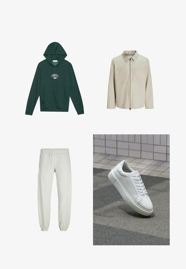 Giacca beige realizzata in tessuto morbido, dotata di colletto, zip frontale e due ampie tasche sul petto. Maniche lunghe con una vestibilità rilassata.; Felpa verde scuro con tasca frontale, stile kangaroo, caratterizzata da una grafica bianca "DENVER USA 96" sul petto, realizzata in morbido materiale di cotone.; Pantaloni tuta bianchi realizzati in tessuto morbido, dotati di vita e polsini elastici, con una texture liscia e una vestibilità ampia.; Sneaker bianco in pelle con superficie liscia, punta rotonda e lacci piatti bianchi. Presenta una suola in gomma texturizzata e un design minimale.