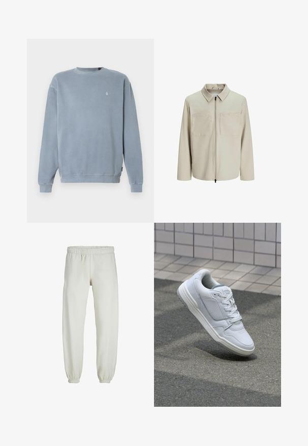 Beige jasje van zachte stof, met een kraag, een voorrits en twee grote borstzakken. Lange mouwen met een relaxte pasvorm.; Lichtblauwe sweatshirt van katoen, met een geribbelde ronde hals, lange mouwen en een klein logo op de borst. Zachte, gestructureerde afwerking.; Witte sweatpants gemaakt van zachte stof, met een elastische tailleband en boorden, een gladde textuur en een losvallend ontwerp.; Witte lederen sneaker met geperforeerde zijkanten, gestructureerde accenten, platte veters en een contrasterende grijze hiel. Voorzien van een iets verhoogde zool.