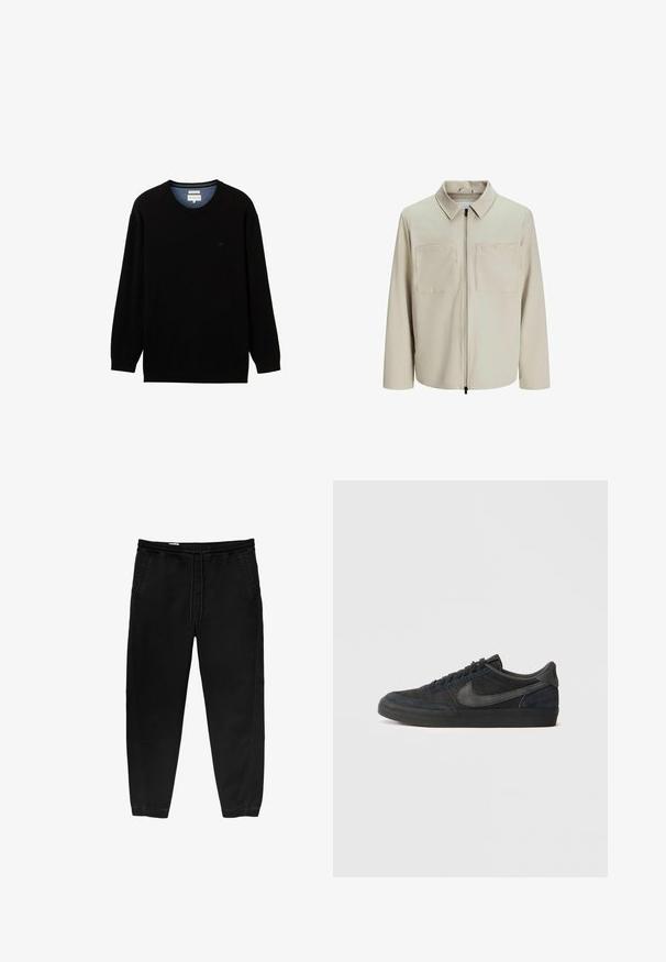 Beige színű, puha anyagból készült dzseki, gallérral, elülső cipzárral és két nagy zsebbe való mellel. Hosszú ujjú, laza fazonú.; Fekete, hosszú ujjú pulóver bordás anyagból, kerek nyakkivágással. Diszkrét logóval rendelkezik a mellkason és kontrasztos belső gallérral.; Fekete, rugalmas derékpántos nadrág, zsinóros megkötéssel, tapered lábakkal, oldalsó zsebekkel és diszkrét oldalsó varrási részletekkel. Puha pamut anyagtextúra.; Fekete velúr sportcipők alacsony profillal, gumi talppal, strukturált oldalsó panelek és azonos színű Nike logóval. Fűzős elülső rész, párnázott nyak.