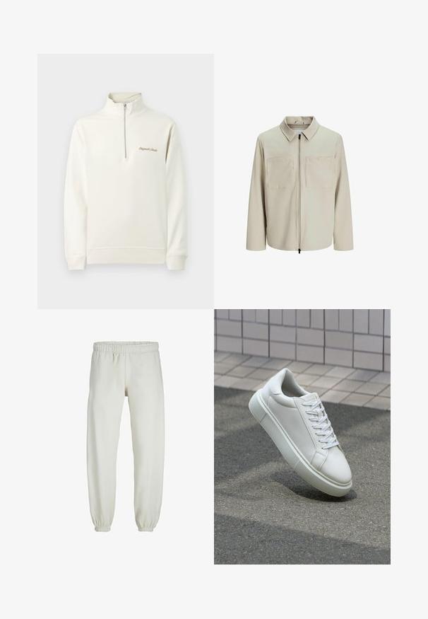 Bežna jakna iz mehkega blaga, z ovratnikom, sprednjim zadrgo in dvema velikima žepoma na prsih. Dolgi rokavi z ohlapnim fitom.; Svetlo smetanast pulover s pol-zadrgo, ki ima izvezeno besedilo na prsih. Enostaven, čist design na enobarvni podlagi.; Bele trenerke narejene iz mehkega blaga, z elastičnim pasom in manšetami, gladke teksture in ohlapnega kroja.; Bela usnjena teniska obutev z gladko površino, okroglo konico in ravnimi belimi vezalkami. Ima teksturiran gumijast podplat in minimalne oblikovalske elemente.