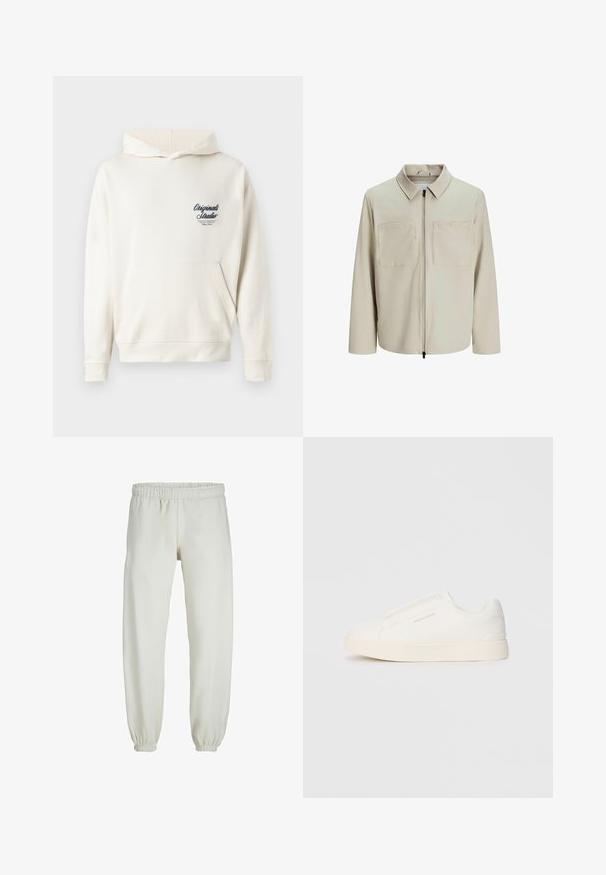 Bežna jakna iz mehkega blaga, z ovratnikom, sprednjim zadrgo in dvema velikima žepoma na prsih. Dolgi rokavi z ohlapnim fitom.; Kremna kapuca iz mehkega materiala, z sprednjim žepom, rebrastimi manšetami in majhnim vezenim logotipom na prsih.; Bele trenerke narejene iz mehkega blaga, z elastičnim pasom in manšetami, gladke teksture in ohlapnega kroja.; Bele zapete brez vezalk z teksturirano površino, debelim podplatom in minimalističnim dizajnom. Na strani se nahaja logotip blagovne znamke.