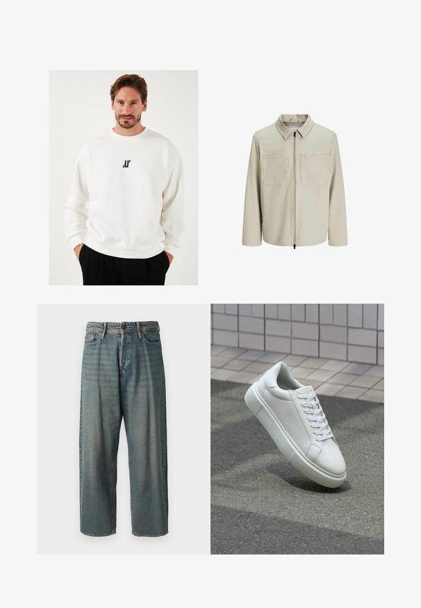 Beżowa kurtka wykonana z miękkiego materiału, z kołnierzem, zamek błyskawiczny z przodu i dwoma dużymi kieszeniami na piersiach. Długie rękawy o luźnym kroju.; Biała bluza z małym czarnym logo na piersi, okrągłym dekoltem i luźnym krojem, wykonana z miękkiego materiału.; Jasnoniebieskie dżinsy o luźnym kroju, średnim stanie i prostych nogawkach. Posiadają pięć kieszeni, szlufki na pasek oraz zapięcie na guzik.; Białe skórzane trampki z gładką powierzchnią, okrągłym noskiem i płaskimi białymi sznurowadłami. Posiadają teksturowaną gumową podeszwę oraz minimalistyczne elementy projektowe.