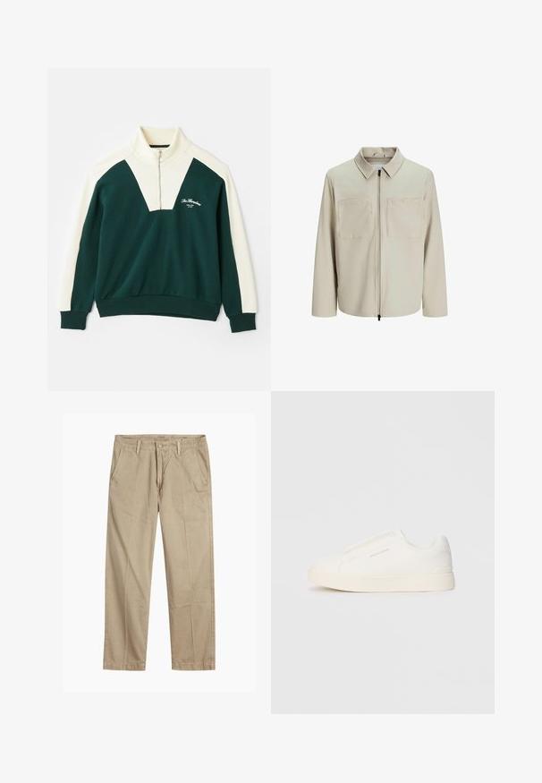 Giacca beige realizzata in tessuto morbido, dotata di colletto, zip frontale e due ampie tasche sul petto. Maniche lunghe con una vestibilità rilassata.; Pier One Felpa - dark green; Chinos beige a gamba dritta con passanti per cintura, chiusura frontale a bottone e zip, e tasche laterali inclinati.; Sneakers bianchi slip-on con superficie texturizzata, suola spessa e design minimalista. Presentano il logo del marchio sul lato.