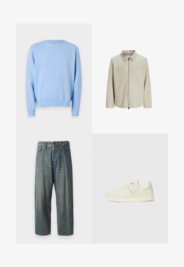 Giacca beige realizzata in tessuto morbido, dotata di colletto, zip frontale e due ampie tasche sul petto. Maniche lunghe con una vestibilità rilassata.; Felpa azzurra con collo rotondo, maniche lunghe e polsini e orlo a coste. Realizzata in un tessuto morbido e liscio. Senza motivi o dettagli.; Jeans di denim azzurro chiaro con vestibilità ampia, vita media e gambe dritte. Presenta cinque tasche, passanti per cintura e chiusura con bottone.; Sneaker color crema con dettagli perforati, lacci e logo sul lato, esposta su uno sfondo bianco semplice.