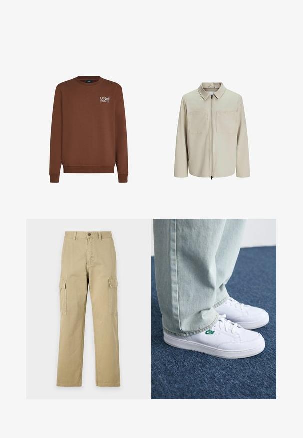 Beige jacket made of soft fabric, featuring a collar, front zip, and two large chest pockets. Long sleeves with a relaxed fit.; Brown sweatshirt with long sleeves and a ribbed crew neck. Features white embroidered logo on the left chest. Soft fabric with smooth texture.; Beige cargo pants made of cotton, featuring two side pockets, a button closure, and straight legs with a slightly textured fabric.; White leather sneakers with green Nike logo, round toe, flat sole, paired with light blue denim pants, shown on a blue carpet.
