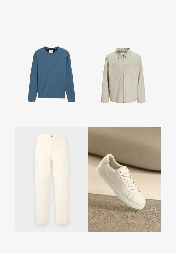 Chaqueta beige hecha de un tejido suave, con cuello, cierre frontal y dos grandes bolsillos en el pecho. Mangas largas con un corte relajado.; Sudadera azul de cuello redondo hecha de algodón suave, con mangas largas, puños y dobladillo acanalados, y un pequeño detalle de logo en la parte frontal.; Pantalones cargo amarillos claros de algodón, con bolsillos laterales y un diseño de pierna recta, con un cierre de botón en la cintura.; Zapatilla de cuero blanca con cordones blancos, exhibida sobre una superficie texturizada beige y un suave fondo desenfocado.