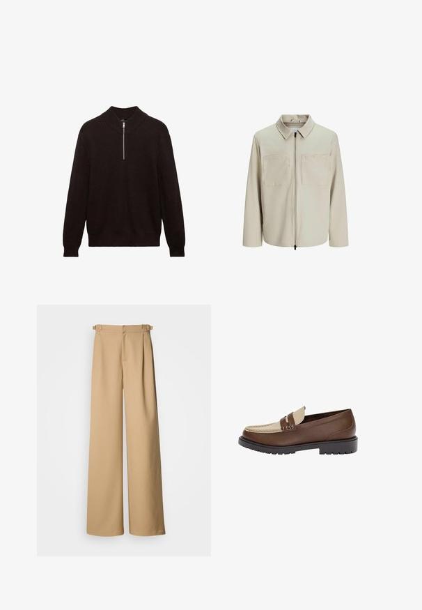 Beige Jacke aus weichem Stoff, mit Kragen, Frontreißverschluss und zwei großen Brusttaschen. Lange Ärmel mit lässiger Passform.; Dunkelbrauner gestrickter Pullover mit hohem Kragen, Viertelreißverschluss vorne und gerippter Textur. Hat lange Ärmel und eine lockere Passform.; Beige weite Hosen mit hoher Taille, gefälteltem Vorderteil und Gürtelschlaufen. Hergestellt aus glattem Stoff mit einem klaren, minimalistischen Design.; Braune Lederloafer mit beigem Lederakzent und gesticktem Detail. Verfügt über eine niedrige, strukturierte schwarze Sohle und ein klassisches Design.