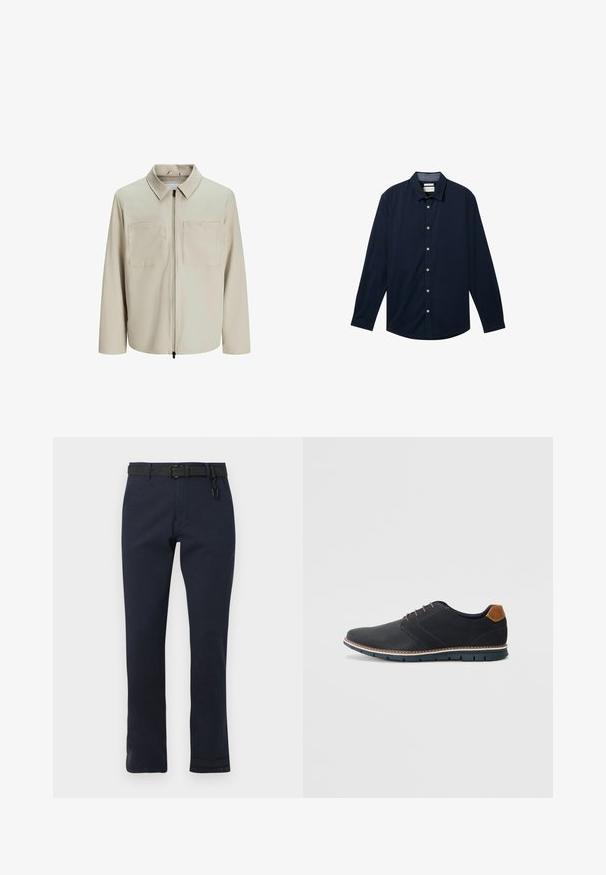 Bēša jaka, kas izgatavota no mīksta auduma, ar apkakli, priekšējo rāvējslēdzēju un diviem lieliem krūšu kabatām. Garas piedurknes ar brīvu piegriezumu.; Tums zila garām piedurknēm krekls, kas izgatavots no gludas auduma, ar pogājamu priekšpusi, klasisku apkakli un baltām pogām.; Tumši zili bikses ar taisnu griezumu, izgatavotas no izturīgas auduma. Satur melnu jostu un vienkāršu dizainu bez rakstiem.; Melni sintētiskie apavi ar struktūru augšdaļā, gludu akcentu, brūnu papēdi un kontrastējošu zoli. Iezīmē minimālu šņorēšanu un šuvju detaļas.