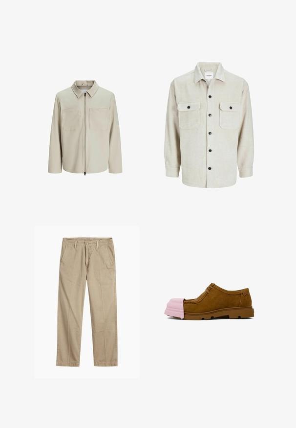 Beige Jacke aus weichem Stoff, mit Kragen, Frontreißverschluss und zwei großen Brusttaschen. Lange Ärmel mit lässiger Passform.; Beige Flanellhemd mit Kragen, das über zwei Brusttaschen, schwarzen Knöpfen und langen Ärmeln mit geknöpften Manschetten verfügt.; Beige gerade geschnittene Chinos mit Gürtelschlaufen, vorderem Knopf- und Reißverschlussverschluss sowie schrägen Fronttaschen.; Braune Wildlederschuhe mit einer rosa Gummikappe und brauner Gummisohle. Verfügt über Schnürsenkel und ein gesticktes Muster auf dem Obermaterial.