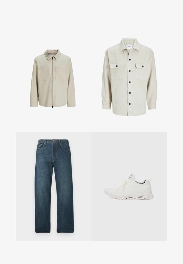 Bēša jaka, kas izgatavota no mīksta auduma, ar apkakli, priekšējo rāvējslēdzēju un diviem lieliem krūšu kabatām. Garas piedurknes ar brīvu piegriezumu.; Bēža flaneļa krekls ar apkakles dekoltē, ar divām krūšu kabatām, melniem pogām un garām piedurknēm ar pogu aprocēm.; Tumši zili taisni džinsi ar piecām kabatām, pogu aizdari un jostas cilpiņām uz vienkrāsaina balta fona.; Baltas sporta apavi ar teksturētu adītu augšdaļu, platiem auklām un mīkstinātu zoli ar redzamām gaisa kamerām papildu atbalstam.