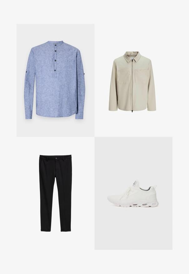 Beige jasje van zachte stof, met een kraag, een voorrits en twee grote borstzakken. Lange mouwen met een relaxte pasvorm.; Lichtblauw langemouwen shirt met een ronde halslijn, met een knoopsluiting van drie zwarte knopen en met knopen afgesloten manchetten. Gladde stofstructuur.; Zwarte dresspants van gladde stof, met een vlakke voorkant, zijzakken en opgerolde manchetten. Subtiel streepdessin zichtbaar.; Witte sportieve schoenen met een gestructureerde gebreide bovenkant, platte veters en een gevoerde zool met zichtbare luchtkamers voor extra ondersteuning.