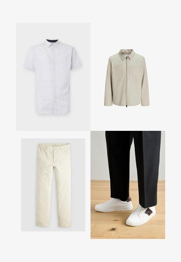 Bēša jaka, kas izgatavota no mīksta auduma, ar apkakli, priekšējo rāvējslēdzēju un diviem lieliem krūšu kabatām. Garas piedurknes ar brīvu piegriezumu.; Gaišzila īsroku pogcauruma krekls ar mazu melnu punktiņu rakstu, ar norādītu apkakli un taisnu apakšmali.; Gaiši beigu brīvi pieguļoši bikses ar trim kabatām, jostu cilpām un taisnu kāju dizainu. Izgatavotas no mīksta kokvilnas auduma maisījuma.; Baltā pārsoļa apavi ar gludu tekstūru, papildināti ar brūniem ādas akcentiem un melniem elementiem, savienoti ar melnām pielāgotām biksēm. Koka grīdas fons.