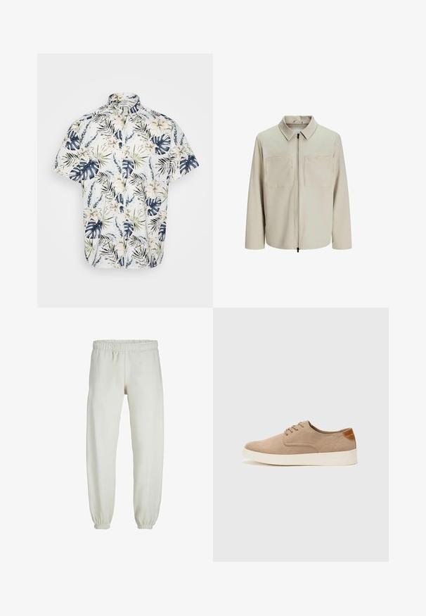 Beige bunda vyrobená z měkkého materiálu, s límečkem, předním zipem a dvěma velkými náprsními kapsami. Dlouhé rukávy s volným střihem.; Košile s krátkým rukávem se tropickým květinovým a listovým vzorem v námořnické modré, zelené a krémové barvě na světlem pozadí; zapínání na knoflíky.; Bílé tepláky vyrobené z měkkého materiálu, s elastickým pasem a manžetami, s hladkou texturou a volným střihem.; Béžové semišové tenisky s kulatou špičkou, šněrováním vpředu a texturovaným zadním akcentem. Bílá gumová podrážka poskytuje kontrast. Jednoduchý a moderní design.