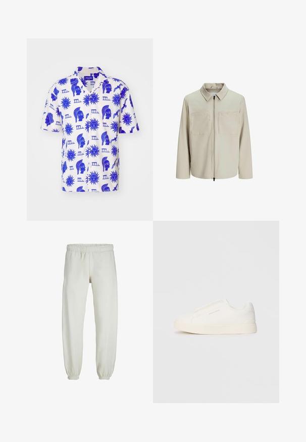 Jachetă bej dintr-un material moale, având o guler, fermoar frontal și două buzunare mari pe piept. Mâneci lungi cu o croială lejeră.; Cămașă cu mânecă scurtă, dintr-un material ușor de culoare crem, având imprimeuri grafice albastre cu motive solare și figuri clasice, cu un guler lejer.; Pantaloni de trening albi, realizati dintr-un textile moale, avand talie elastica si mansete, cu o textura fina si un design lejer.; Tenisi albi slip-on cu o suprafață texturată, talpă groasă și un design minimalist. Prezintă logo-ul brandului pe lateral.
