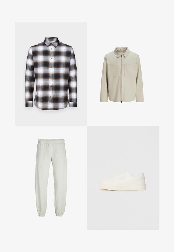 Beige jasje van zachte stof, met een kraag, een voorrits en twee grote borstzakken. Lange mouwen met een relaxte pasvorm.; Langarm geruite overhemd in bruin, zwart en wit, met een button-down kraag en bruine knopen op een zachte stof.; Witte sweatpants gemaakt van zachte stof, met een elastische tailleband en boorden, een gladde textuur en een losvallend ontwerp.; Witte instap sneakers met een gestructureerd oppervlak, een dikke zool en een minimalistisch ontwerp. Bevat het merklogo aan de zijkant.