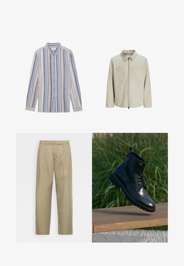 Chaqueta beige hecha de un tejido suave, con cuello, cierre frontal y dos grandes bolsillos en el pecho. Mangas largas con un corte relajado.; Camisa de botones con mangas largas, que presenta rayas verticales en azul, beige y blanco. Hecha de una tela texturizada, con cuello y botones de metal.; Pantalones beige de cintura alta con corte recto, con frente plano, bolsillos laterales y una tela suave y texturizada.; Pier One Botines con cordones - black