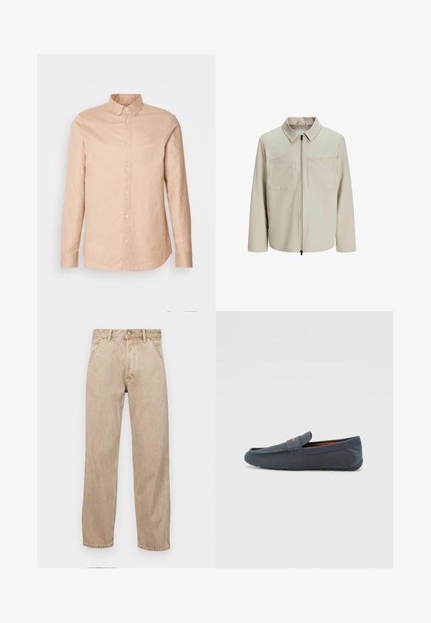 Veste beige en tissu doux, dotée d'un col, d'une fermeture éclair sur le devant et de deux grandes poches poitrine. Manches longues avec une coupe décontractée.; Chemise boutonnée beige clair en coton avec des manches longues, un col ajusté et un petit logo sur la poitrine. Texture lisse, design classique.; Jeans en denim beige avec une coupe droite, dotés de poches avant, d'une fermeture à bouton en métal et d'une texture subtile.; Mocassins perforés gris avec un design à enfiler, présentant un accent orange, un bout arrondi et une semelle extérieure en caoutchouc texturé.