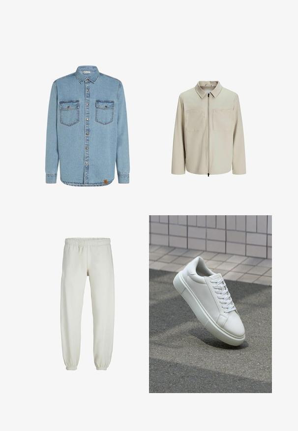 Kreminė striukė, pagaminta iš minkštos medžiagos, su apykakle, priekyje užtrauktuku ir dviem didelėmis krūtinės kišenėmis. Ilgos rankovės su laisvu pritaikymu.; Šviesiai mėlynas džinsinis marškinis ilgomis rankovėmis, su užsegamu priekiu, dviem krūtinės kišenėmis ir kontrastingais siūlais. Yra audinio logotipo etiketė ant apdaros.; Baltos sportinės kelnės, pagamintos iš minkštos medžiagos, su elastinga juosmeniu ir rankogaliais, turinčios lygią tekstūrą ir laisvą siluetą.; Balti odiniai sportbačiai su lygiu paviršiumi, apvalia nosimi ir plokščiomis baltomis raištelėmis. Yra tekstūruotas gumos padas ir minimalizmas dizaino elementuose.