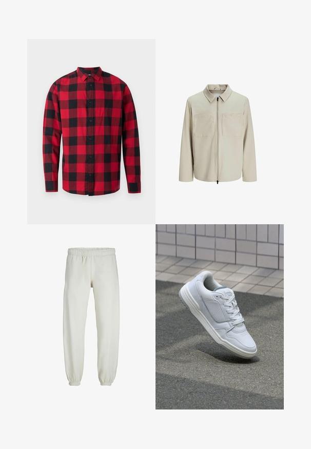 Bežna jakna iz mehkega blaga, z ovratnikom, sprednjim zadrgo in dvema velikima žepoma na prsih. Dolgi rokavi z ohlapnim fitom.; Rdeča in črna karirana flanelasta srajca z gumbom spredaj, dolgimi rokavi in ovratnikom. Ima klasičen kariran vzorec.; Bele trenerke narejene iz mehkega blaga, z elastičnim pasom in manšetami, gladke teksture in ohlapnega kroja.; Bela usnjena superga s perforiranimi stranicami, teksturiranimi detajli, ravnimi vezalkami in kontrastno sivo peto. Ima rahlo dvignjen podplat.