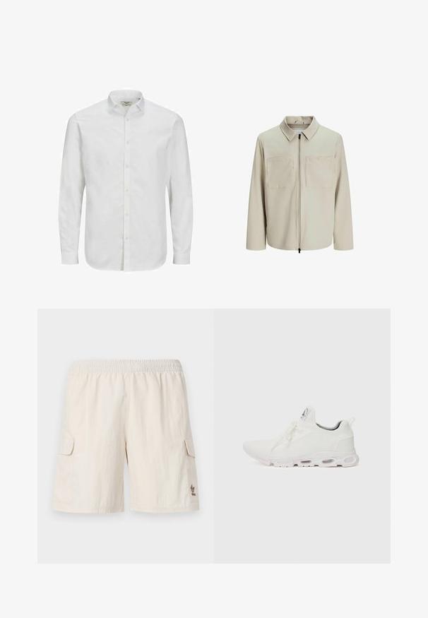 Chaqueta beige hecha de un tejido suave, con cuello, cierre frontal y dos grandes bolsillos en el pecho. Mangas largas con un corte relajado.; Camisa blanca de manga larga y botón de algodón, con un cuello clásico, corte recto y una textura sutil. Cierre de botones estándar.; Pantalones cortos tipo cargo beige con una cintura elástica, dos bolsillos laterales y un pequeño logo en la parte inferior derecha. Tela suave y ligera.; Zapatillas deportivas blancas con un upper de punto texturizado, cordones planos y una suela acolchada con cámaras de aire visibles para mayor soporte.