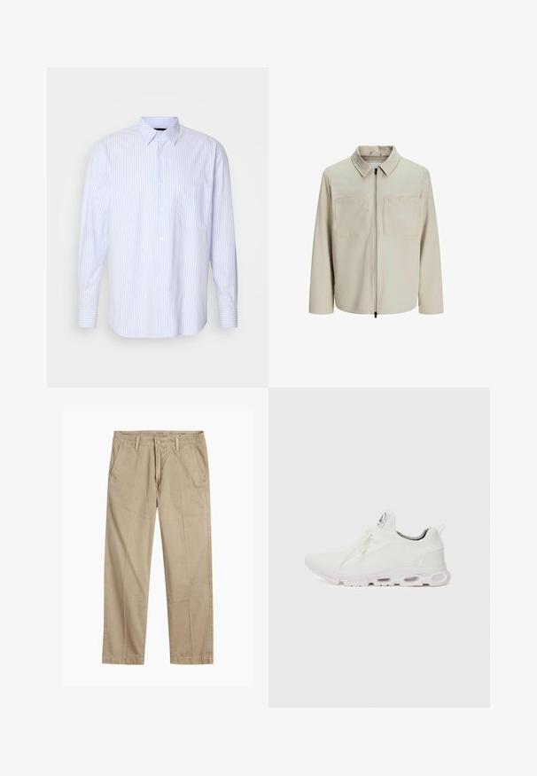 Bež jakna od mekog materijala, s ovratnikom, prednjim patentnim zatvaračem i dva velika džepa na grudima. Dugački rukavi s opuštenim krojem.; Svijetloplava i bijela prugasta košulja dugih rukava s kragnom na kopčanje, prednjim džepom i manžetama na jedan gumb. Izrađena od pamučnog materijala.; Bež chinos hlače ravnog kroja s petljama za remen, prednjim gumbom i zatvaranjem nazip, te kosi prednjim džepovima.; Bijele atletske tenisice s gornjim dijelom od teksturiranog pletenog materijala, ravnim vezicama i jastučićem u potplatu s vidljivim zračnim komorama radi dodatne potpore.
