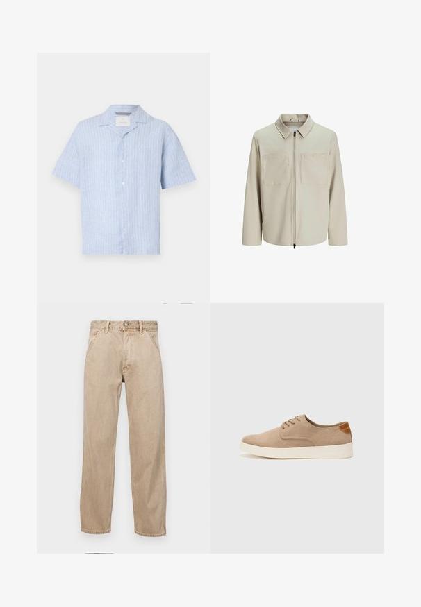Beige színű, puha anyagból készült dzseki, gallérral, elülső cipzárral és két nagy zsebbe való mellel. Hosszú ujjú, laza fazonú.; Világoskék, rövid ujjú, lenből készült ing, függőleges fehér csíkokkal, hegyes gallérral és öt gombbal az elülső részen.; Beige színű farmernadrág egyenes fazonnal, elülső zsebekkel, fém gombos záródással és diszkrét textúrával.; Beige velúr sportcipő, kerek orral, fűzős elülső résszel és textúrált hátsó részlettel. Fehér gumitalp kontrasztot ad. Egyszerű és modern design.