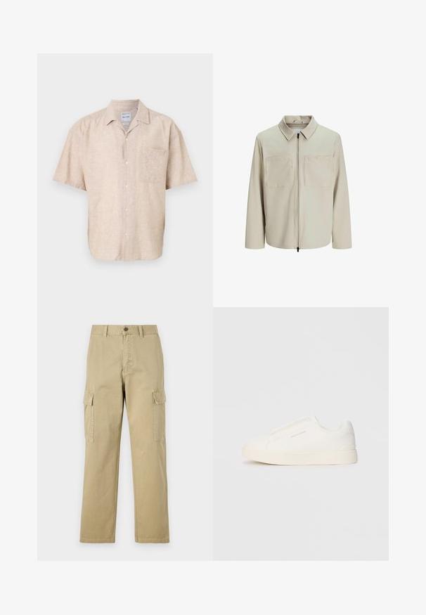 Giacca beige realizzata in tessuto morbido, dotata di colletto, zip frontale e due ampie tasche sul petto. Maniche lunghe con una vestibilità rilassata.; Camicetta a maniche corte con bottoni in mischia di lino beige, dotata di una tasca sul petto, texture sottile e design del colletto classico.; Pantaloni cargo beige in cotone, dotati di due tasche laterali, chiusura con bottone e gamba dritta con tessuto leggermente texture.; Sneakers bianchi slip-on con superficie texturizzata, suola spessa e design minimalista. Presentano il logo del marchio sul lato.