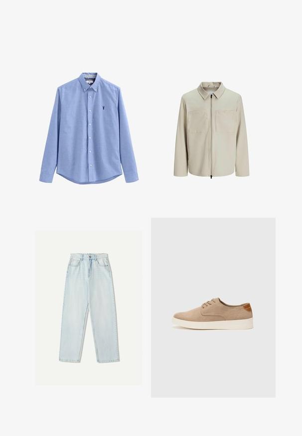 Beżowa kurtka wykonana z miękkiego materiału, z kołnierzem, zamek błyskawiczny z przodu i dwoma dużymi kieszeniami na piersiach. Długie rękawy o luźnym kroju.; Jasnoniebieska koszula na guziki z długim rękawem, z kołnierzykiem rozłożonym i małym granatowym emblematem homara na lewej piersi. Gładki materiał, dopasowany krój.; Jasnoniebieskie dżinsy o luźnym kroju, prostych nogawkach, pięcioma kieszeniami oraz delikatnym wyblaknięciem materiału.; Beżowe zamszowe sneakersy z okrągłym noskiem, sznurowanym przodem i teksturowanym akcentem na tyle. Biała gumowa podeszwa tworzy kontrast. Prosty i nowoczesny design.