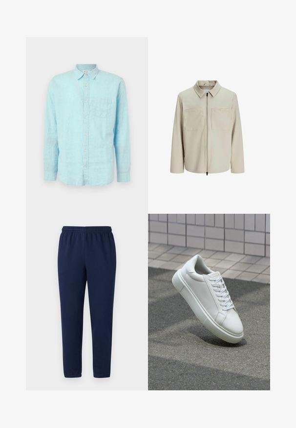 Bēša jaka, kas izgatavota no mīksta auduma, ar apkakli, priekšējo rāvējslēdzēju un diviem lieliem krūšu kabatām. Garas piedurknes ar brīvu piegriezumu.; GAP STANDARD - Krekls - aqua glaze; Tumši zilas sporta bikses, izgatavotas no mīkstas kokvilnas maisījuma, ar elastīgu jostu un sašaurinātiem bikšu galiem, bez redzamām apdrukām vai akcentiem.; Baltas ādas sporta apavi ar gludu virsmu, apaļu pirkstu un plakanām baltām šņorēm. Iezīmējas ar strukturētu gumijas zoli un minimālisma dizaina elementiem.