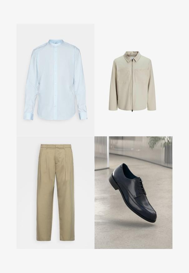 Beżowa kurtka wykonana z miękkiego materiału, z kołnierzem, zamek błyskawiczny z przodu i dwoma dużymi kieszeniami na piersiach. Długie rękawy o luźnym kroju.; Jasnoniebieska koszula z długim rękawem wykonana z bawełny, z kołnierzykiem stojącym i zapinaniem na guziki z przodu. Gładka faktura z standardowymi mankietami.; Beżowe, wysokie spodnie o prostym kroju, z płaskim przodem, bocznymi kieszeniami i gładkim, teksturowanym materiałem.; Lśniący czarny skórzany but na obcasie z sznurówkami, unoszący się nad gładką, jasnoszarym podłogą oraz pionowymi metalowymi prętami w tle.