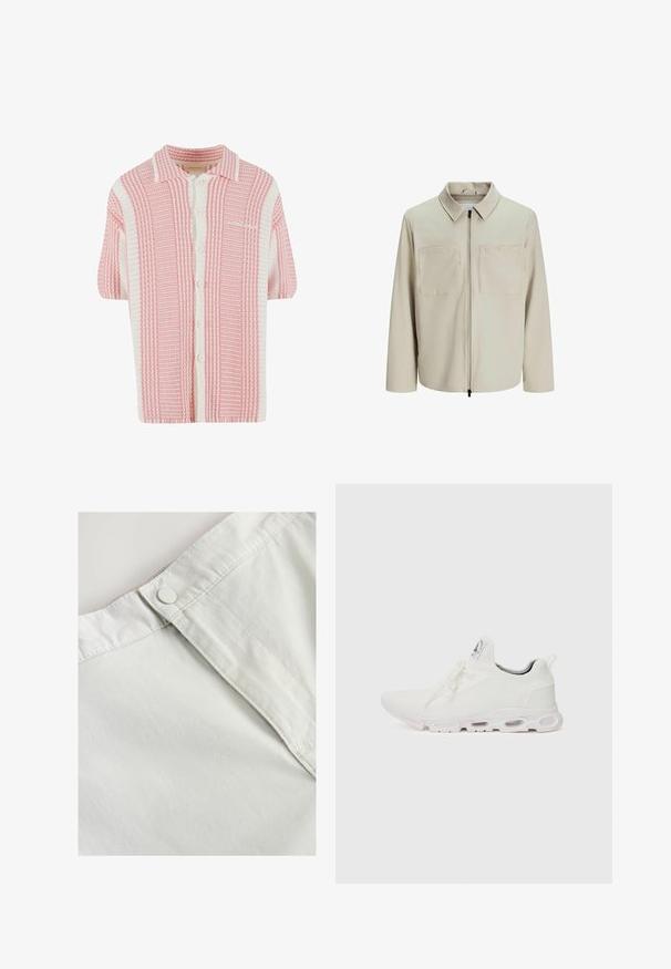 Bēša jaka, kas izgatavota no mīksta auduma, ar apkakli, priekšējo rāvējslēdzēju un diviem lieliem krūšu kabatām. Garas piedurknes ar brīvu piegriezumu.; Īsām piedurknēm adīts kardigāns ar rozā un baltiem svītrām, ar apkakli un priekšējo pogu aizdari. Mīksta, teksturēta auduma.; Balts kokvilnas audums ar pogu aizdari viduklī, ar smalku tekstūru un izšūtiem apdarēm gar šuvēm.; Baltas sporta apavi ar teksturētu adītu augšdaļu, platiem auklām un mīkstinātu zoli ar redzamām gaisa kamerām papildu atbalstam.