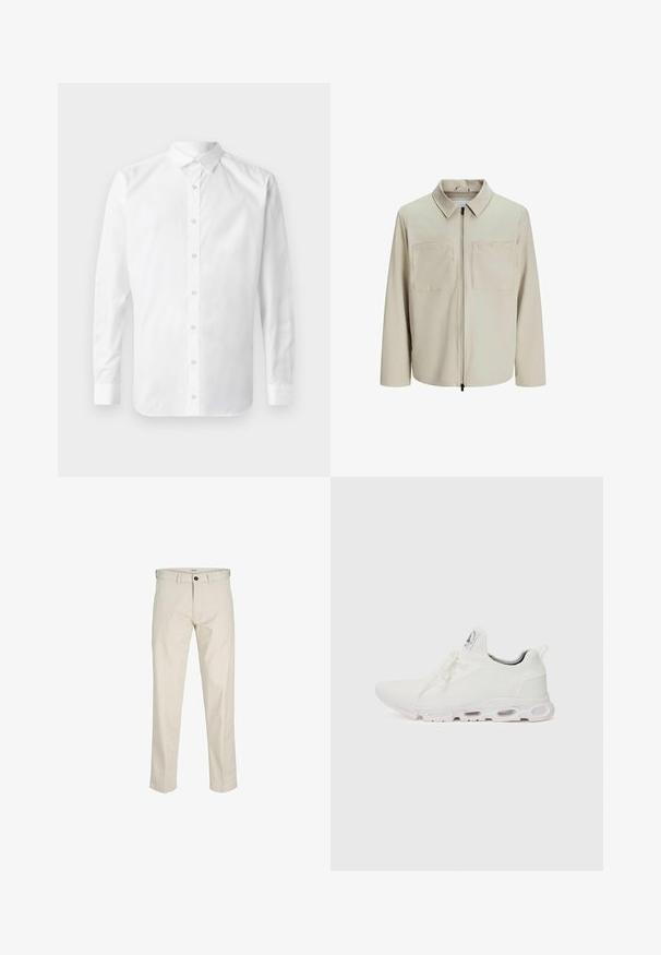 Beige színű, puha anyagból készült dzseki, gallérral, elülső cipzárral és két nagy zsebbe való mellel. Hosszú ujjú, laza fazonú.; Fehér, hosszú ujjú ing klasszikus gallérral, elülső gombokkal ellátott placket-tel és sima pamut textúrával.; Beige pamut nadrág, egyenes fazonnal, gombos zipzárral, elülső zsebekkel és varrott varratokkal. Sima textúra, minimális részletezés és minta nélküli.; Fehér sportcipők, texturált kötött felsőrésszel, lapos fűzőkkel és párnázott talppal, amely látható légkamrákkal rendelkezik a megerősített kényelem érdekében.
