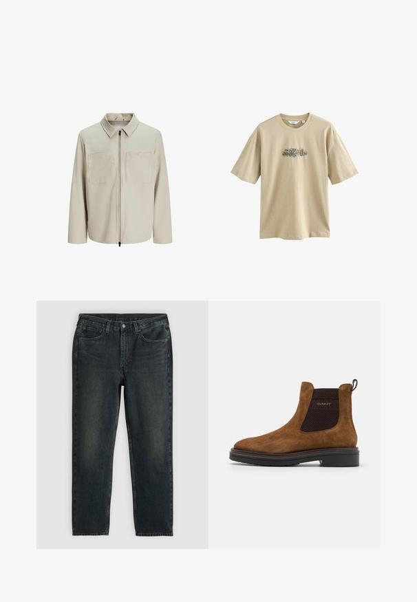 Beige Jacke aus weichem Stoff, mit Kragen, Frontreißverschluss und zwei großen Brusttaschen. Lange Ärmel mit lässiger Passform.; Beige Baumwoll-T-Shirt mit einem grafischen Druck in der Mitte. Das Design umfasst bunte Elemente und gebogene Schriftzüge. Kurze Ärmel und runder Halsausschnitt.; Dunkelblaue Jeans aus Denim mit geradem Bein, fünf Taschen, Reißverschluss und kontrastierenden Nähten. Dezente Ausbleichungen im Stoff.; Braune Wildleder-Ankle-Boots mit einer abgerundeten Zehe und elastischen seitlichen Einsätzen. Verfügt über ein schwarzes, strukturiertes Akzent und eine Zuglasche auf der Rückseite. Schwarze Sohle.