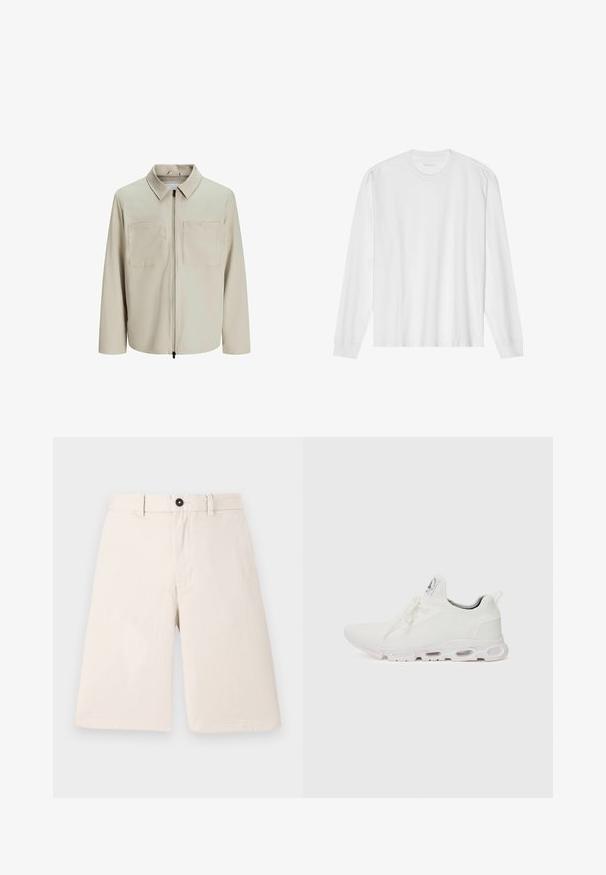 Bežna jakna iz mehkega blaga, z ovratnikom, sprednjim zadrgo in dvema velikima žepoma na prsih. Dolgi rokavi z ohlapnim fitom.; Bela bombažna majica z dolgimi rokavi in posadnim izrezom ter rebrastimi manšetami. Preprost, neokrašen dizajn, ki se ponaša z gladko teksturo in standardnim krojem.; Beige bombažne kratke hlače s ravnim krojem, ki imajo zavihek za gumb in pasne zanke. Gladko teksturo brez vzorcev ali dodatkov.; Bela atletska obuća z značilnom pletenom gornjom stranom, ravnim vezicama i podlogom s jastučićem koja ima vidljive zračne komore za dodatnu potporu.