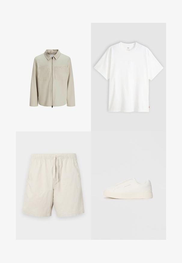 Beige jacket made of soft fabric, featuring a collar, front zip, and two large chest pockets. Long sleeves with a relaxed fit.; White short-sleeve t-shirt made of cotton with a crew neck. Features subtle embossed logo detail on the front and a red label at the hem.; Beige cotton shorts with an elastic waistband, adjustable drawstring, and side pockets. Features a smooth, lightweight texture.; White slip-on sneakers with a textured surface, a thick sole, and minimalistic design. Features brand logo on the side.