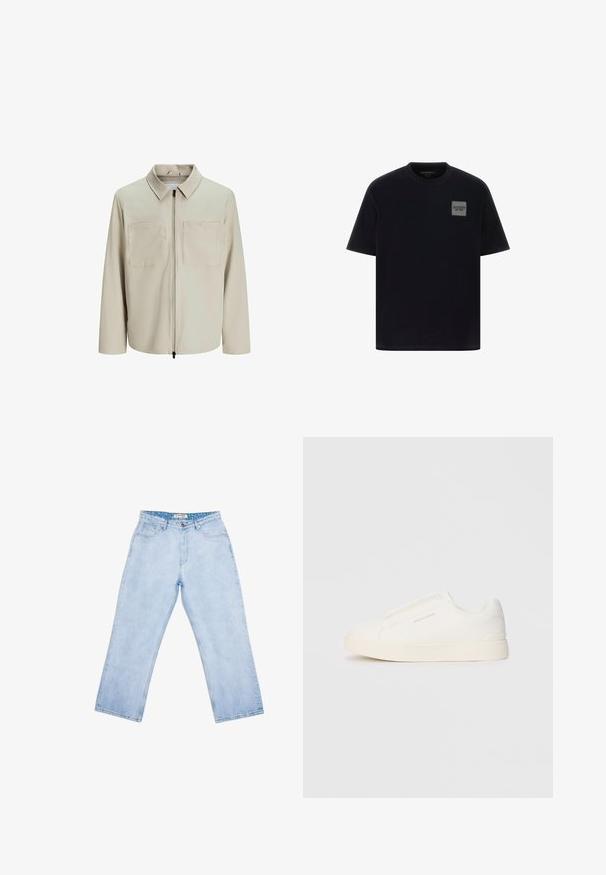 Beige jacket made of soft fabric, featuring a collar, front zip, and two large chest pockets. Long sleeves with a relaxed fit.; Black cotton t-shirt with short sleeves, featuring a square gray logo patch on the left chest. Crew neck design, smooth texture.; Light blue denim jeans with a straight leg design, elastic waistband, and five-pocket style. Smooth texture and minimal stitching details.; White slip-on sneakers with a textured surface, a thick sole, and minimalistic design. Features brand logo on the side.