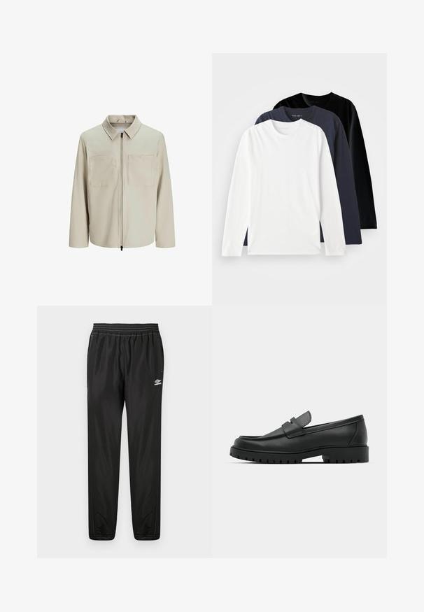 Beige Jacke aus weichem Stoff, mit Kragen, Frontreißverschluss und zwei großen Brusttaschen. Lange Ärmel mit lässiger Passform.; Drei langärmelige T-Shirts gestapelt: eines in Weiß, eines in Dunkelblau und eines in Schwarz. Aus glattem Baumwollstoff gefertigt, mit runden Ausschnitten und seitlichen Schlitzen.; Schwarze Umbro Trainingshose mit elastischem Bund, seitlichen Taschen, schmal zulaufenden Beinen und Logo auf dem rechten Oberschenkel vor einem weißen Hintergrund.; Schwarze Lederloafer mit runder Zehenform, ausgestattet mit einem gesteppten Design, niedrigem Plattformsohle und einer strukturierten, genoppten Gummisohle.