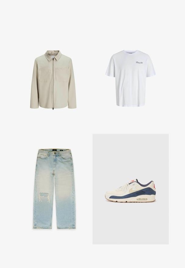 Bež jakna od mekog materijala, s ovratnikom, prednjim patentnim zatvaračem i dva velika džepa na grudima. Dugački rukavi s opuštenim krojem.; Bijela pamučna majica s okruglim izrezom i kratkim rukavima, s crnim natpisom na lijevom dijelu prsnog koša. Mekana, glatka tekstura, ležeran kroj.; EIGHTYFIVE KNEE CUT - Traperice opuštenog kroja - island blue; Tenisice s gornjim dijelom od kremaste kože i tamnoplavog antilopa, sa vidljivim zračnim uloškom, bež gumiranim potplatom i crvenim naglaskom na peti.