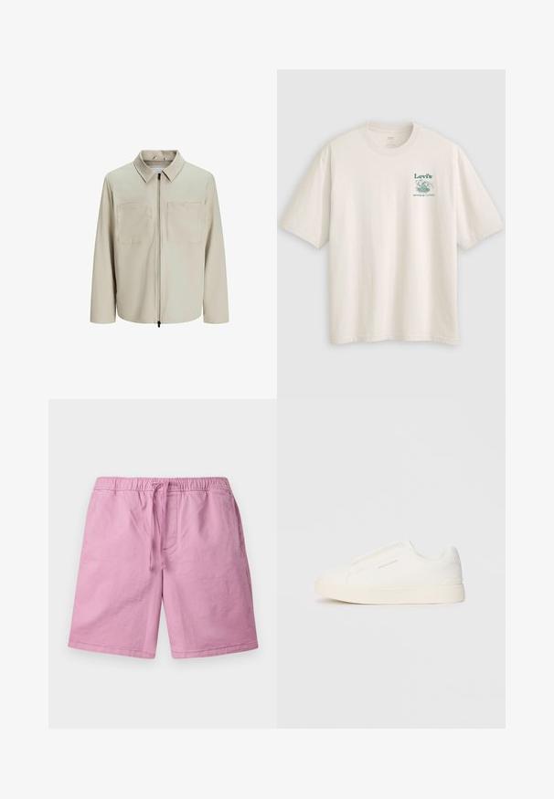 Veste beige en tissu doux, dotée d'un col, d'une fermeture éclair sur le devant et de deux grandes poches poitrine. Manches longues avec une coupe décontractée.; T-shirt en coton blanc à manches courtes, arborant un logo Lev's vert et un texte sur le côté gauche de la poitrine. Coupe décontractée, texture lisse.; Shorts rose clair en matériau doux, avec une taille élastique et un cordon de serrage, ainsi que des poches latérales. Jambes droites, sans motifs.; Baskets blanches sans lacets avec une surface texturée, une semelle épaisse et un design minimaliste. Présente le logo de la marque sur le côté.