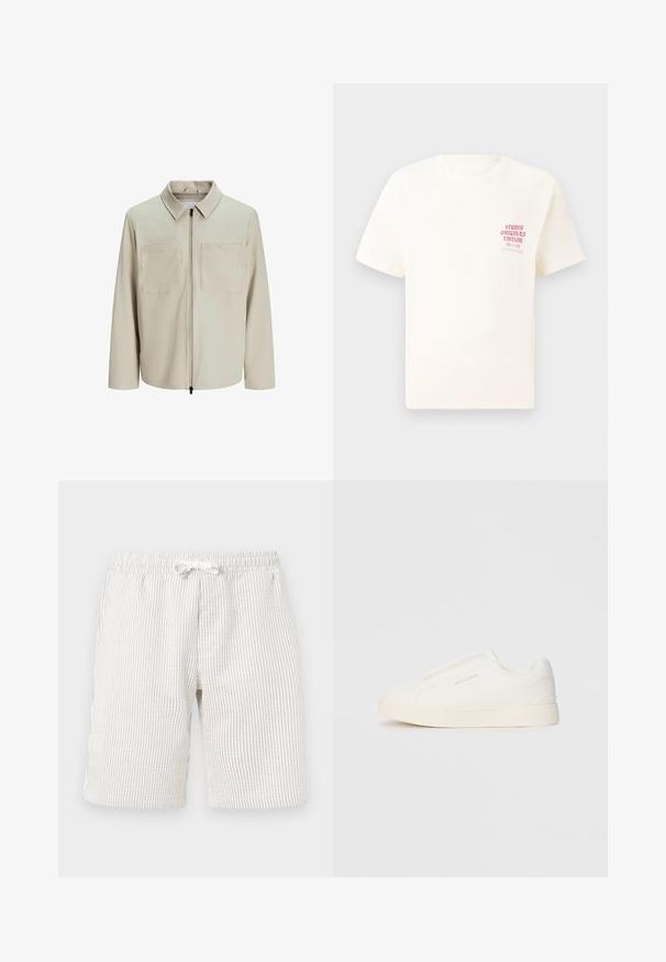 Beige Jacke aus weichem Stoff, mit Kragen, Frontreißverschluss und zwei großen Brusttaschen. Lange Ärmel mit lässiger Passform.; Weißes T-Shirt mit kurzen Ärmeln und rotem Text "Studio Originals Edition" auf der linken Brust, präsentiert vor einem neutralen grauen Hintergrund.; Hellbeige gestreifte Shorts mit elastischem Taillenbund und Kordelzug. Die Textur wirkt weich und der Stoff hat ein dezentes vertikales Muster.; Weiße Slip-On-Sneaker mit einer strukturierten Oberfläche, dicker Sohle und minimalistischem Design. Mit Logo der Marke an der Seite.