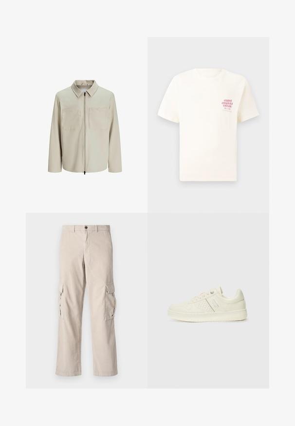 Beige jacket made of soft fabric, featuring a collar, front zip, and two large chest pockets. Long sleeves with a relaxed fit.; White short-sleeve T-shirt with red text "Studio Originals Edition" on left chest, displayed on a neutral gray background.; Beige corduroy cargo pants with two side pockets, a button closure, and a wide-leg cut; features vertical ribbing texture.; Cream-colored sneaker with perforated detailing, laces, and logo on the side, displayed against a plain white background.