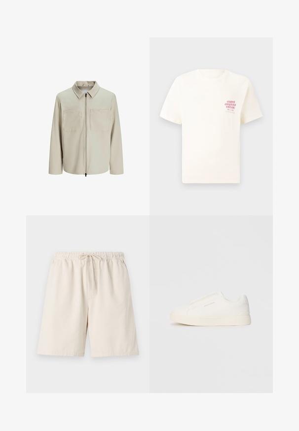 Beige jakke lavet af blødt stof, med krave, frontlynlås og to store brystlommer. Lange ærmer med afslappet pasform.; Hvid kortermet T-shirt med rød tekst "Studio Originals Edition" på venstre bryst, vist på en neutral grå baggrund.; Lys beige ribbede shorts med elastisk talje og snoretræk. Har sidelommer og en afslappet pasform. Materialet er en blanding af bomuld.; Hvide slip-on sneakers med en struktureret overflade, en tyk sål og et minimalistisk design. Har brandlogoet på siden.